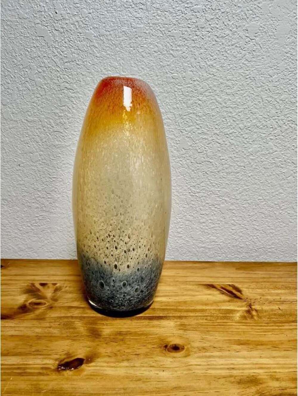 Glowing 12” Benny Motzfeldt Controlled Bubble Art Glass Vase MCM Orange Blue